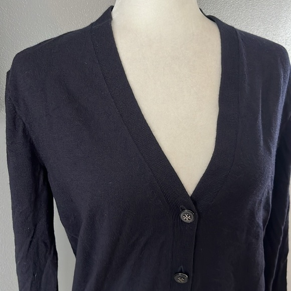 Tory Burch Madison Navy Blue Woolf Blend Button Up Cardigan - Picture 3 of 11